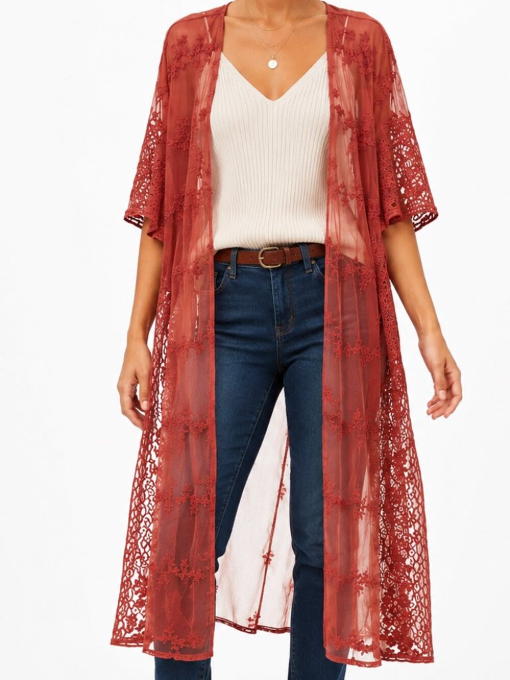 Favlux Crimson Floral Lace Layering Whimsigoth Boho Light Sheer Kimono [size S]